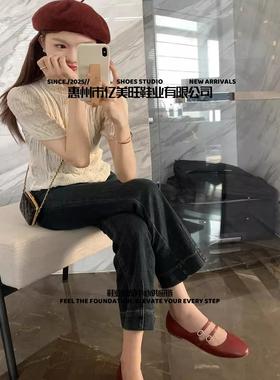 惠州市亿美旺鞋业乖巧圆头双扣带红色羊皮浅口小低跟玛丽珍单鞋女