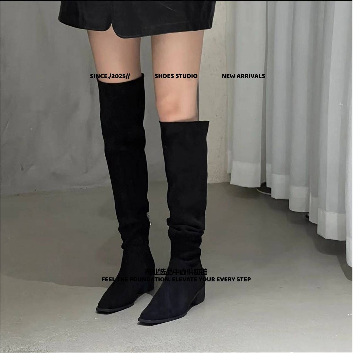 晋江乐橙体育复古高跟弹力瘦瘦靴两穿西部靴粗跟褶皱堆堆长筒靴