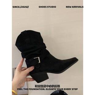 惠州市嘉源达高跟靴复古堆堆靴口马丁靴女鞋秋冬季小方头西部靴短