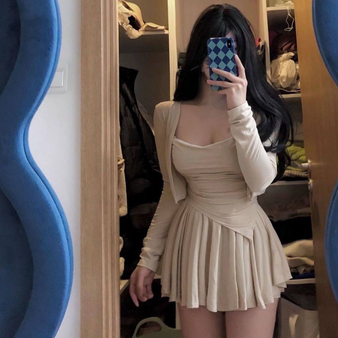 여성 캐주얼 양복 봄 가을 신상 불규칙 캐미솔 +가디건 +짧은 스커트 슬림함과 기질을 위한 3종 세트