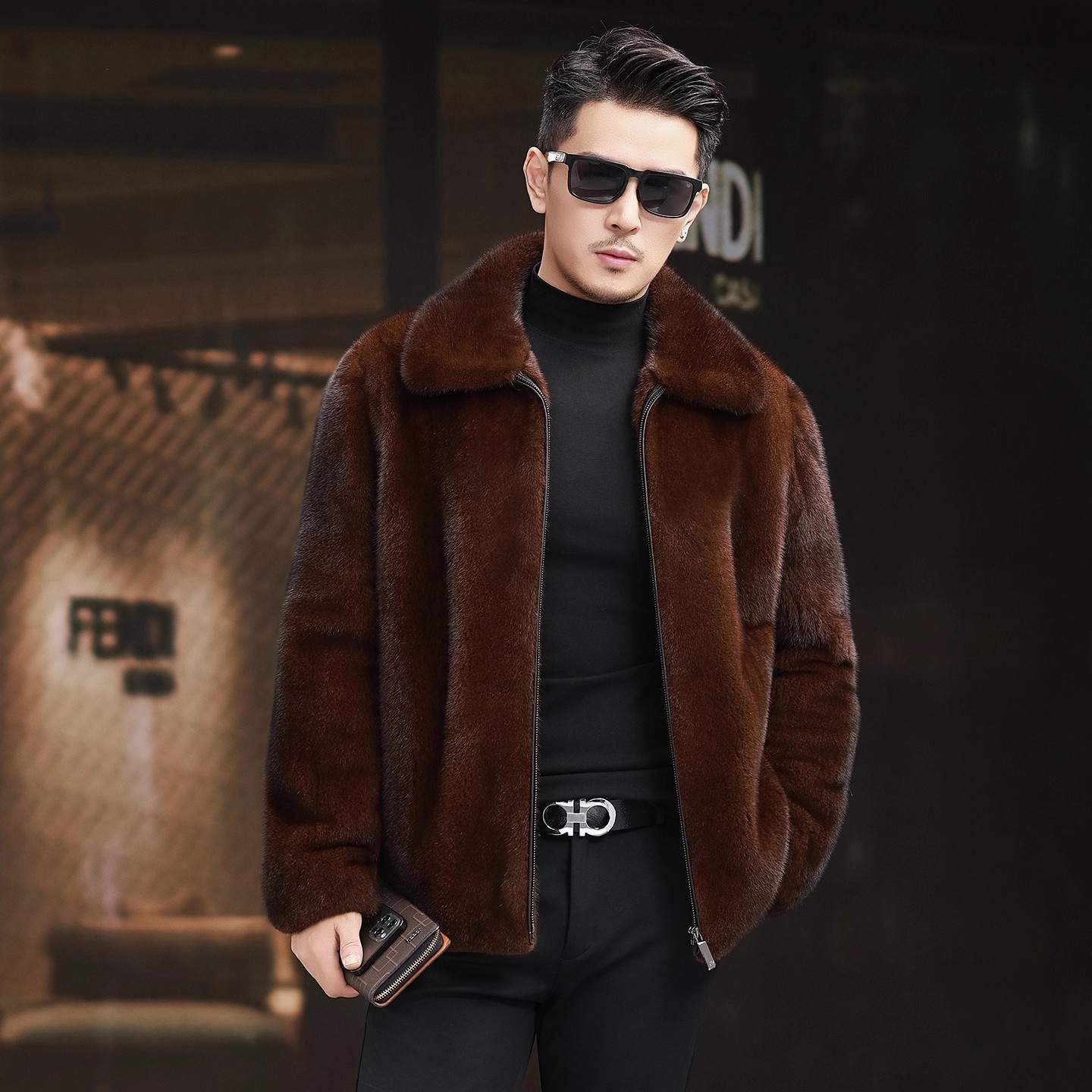 貂皮大衣男款整貂深棕真貂进口美国貂天鹅绒短毛翻领水貂皮草
