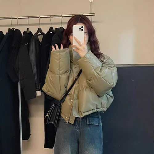 免洗pu皮羽绒棉衣女装精品新短款冬季加厚立领小个子面包服袄外套