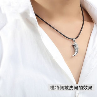 男士狼牙吊坠男项链潮牌百搭纯银个性高端配饰刻字复古挂件挂绳