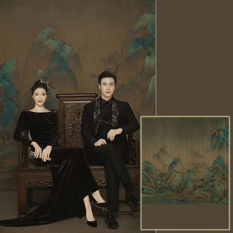 只此青绿千里江山图中式古装旗袍婚纱影楼摄影直播数码喷绘背景布怎么看?