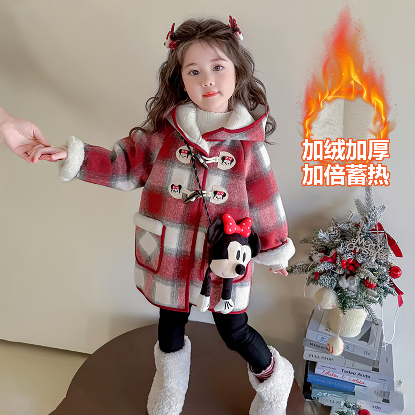 迪士尼女宝宝秋冬款加绒外套风衣新款儿童女童冬装中长款毛呢大衣