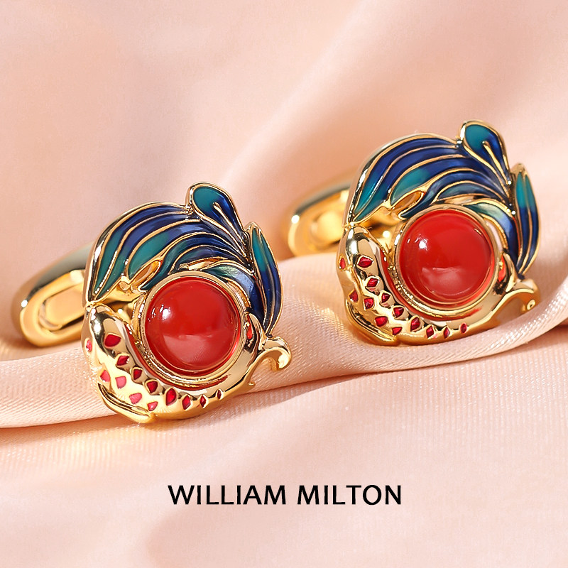 WILLIAM MILTON国潮鸿运锦鲤宝石袖扣男高级感轻奢商务袖口钉礼盒