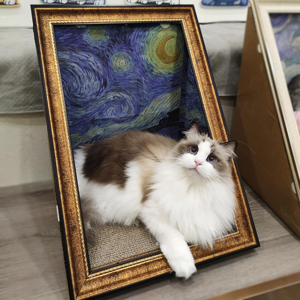 油画猫抓板复古欧式黑金色奶白立体油画框装饰新奇猫咪画框猫抓板图片
