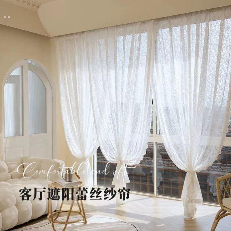 法式复古纱帘精致飘窗内开窗魔术贴免打孔蕾丝田园窗帘门帘隔断帘