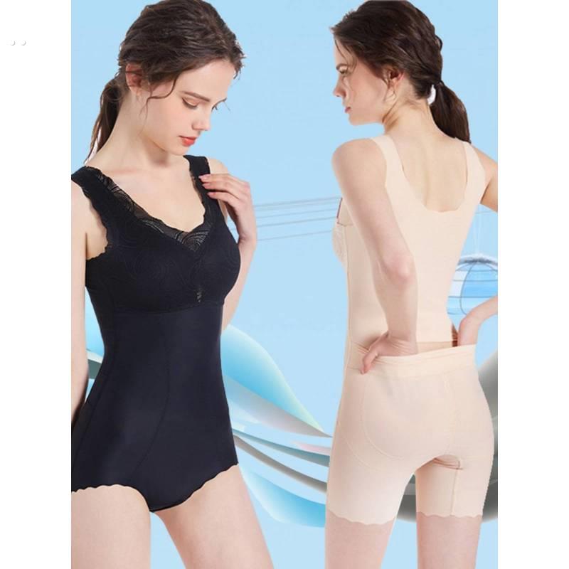 免穿文胸塑身衣后脱式收腹束腰产后美体束身连体内衣带胸垫薄款女