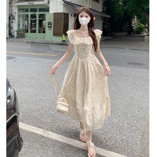 2024新款 甜美小众设计感刺绣荷叶边收腰连衣裙女夏季 小个子长裙子
