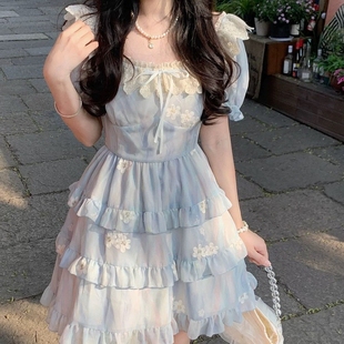 法式 甜美蓝色碎花连衣裙女夏季 初恋公主蛋糕蓬蓬裙收腰小个子短裙