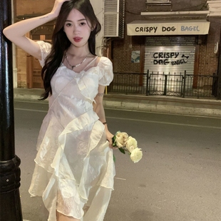 法式 收腰海边度假短裙子 初恋仙女不规则白色公主连衣裙女夏季 新款