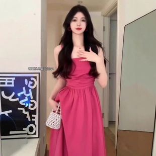 收腰顯瘦海邊度假長裙茶歇法式 玫紅色吊帶連衣裙子女 2025新款 夏季