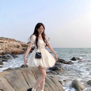 夏季 奶甜初恋连衣裙2025新款 清新甜美收腰显瘦中长花苞裙小个子潮