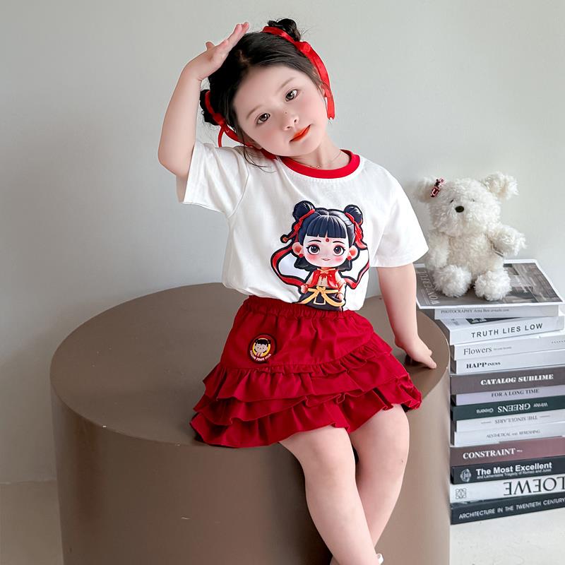 女童哪吒套装夏季2025新款哪咤儿童洋气半裙衣服宝宝短袖夏装时髦