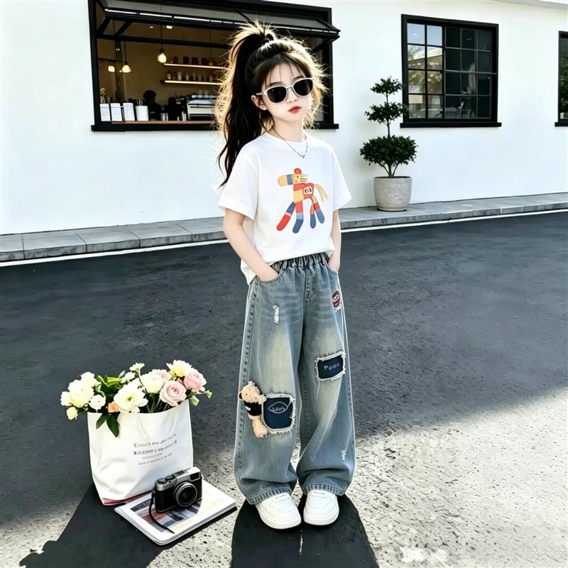 女童夏季套装2026新款儿童短袖T恤宽松牛仔裤中大童夏装两件式潮