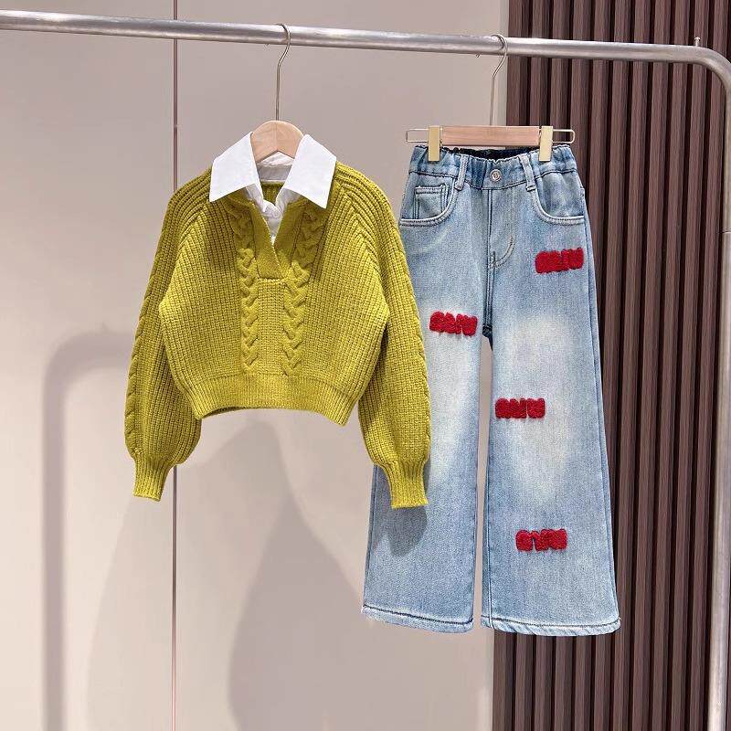 女童装时髦套装2024春秋洋气裤子儿童秋装牛仔裤秋冬装加绒加厚潮