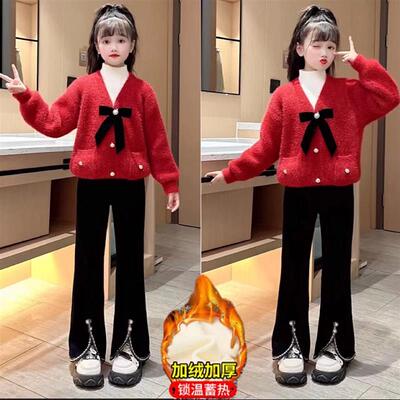女童套装2023秋冬新款洋派儿童假两件仿貂绒毛衣加绒喇叭裤两件套