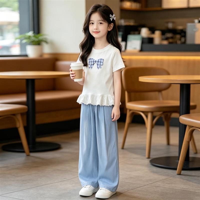 女童短袖套装2026新款薄款夏季短袖儿童牛仔裤初中生纯棉洋派T恤