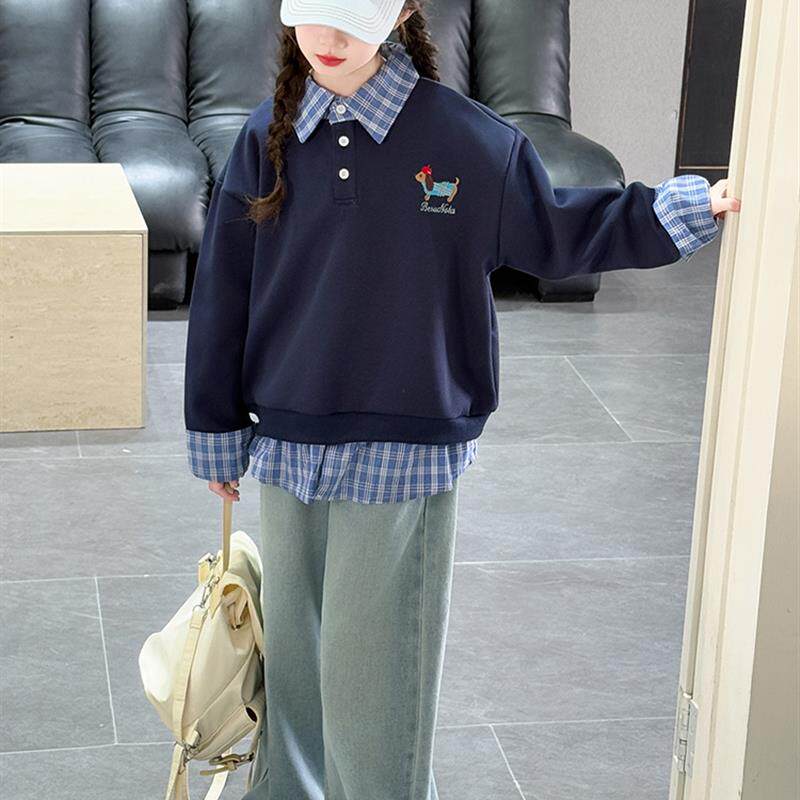 女大童秋装卫衣套装2025新款初中生女孩假两件polo衫牛仔裤两件套