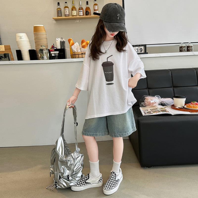 女童夏装短袖t恤套装2026新款韩版洋派小女孩夏季牛仔中裤两件套