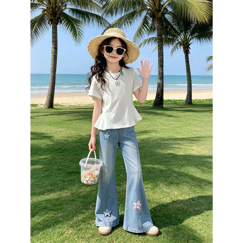 女童夏季套装2026新款初中生时尚甜美上衣儿童刺绣牛仔长裤两件套