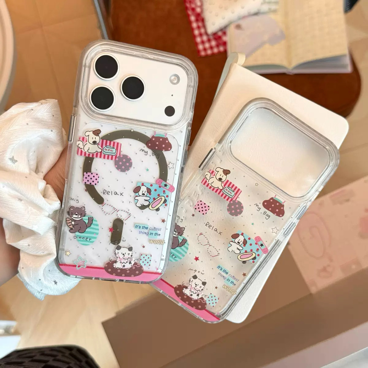 福星LuckyStars透明猫狗涂鸦适用苹果18pm手机壳iphone17粉色边框16软15磨砂