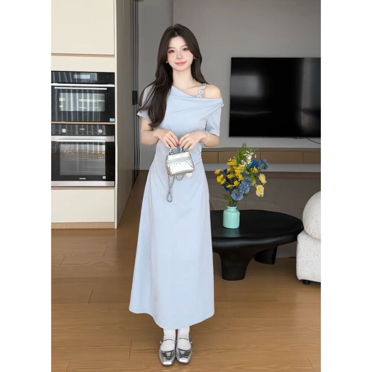 法式一字肩蓝色洋装子女