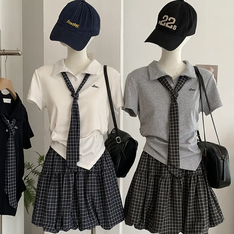KEKEZOON 学院风夏季pol领领带短袖T恤+格子花苞半身裙套装女8311