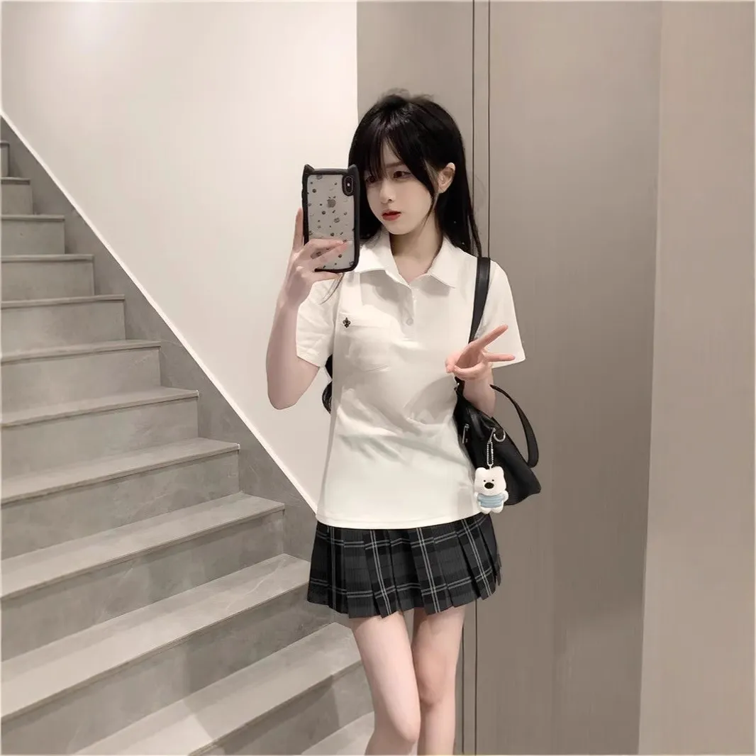 日系新款白色原创夏季学院风POLO衫短袖衬衫JK制服校供感上衣