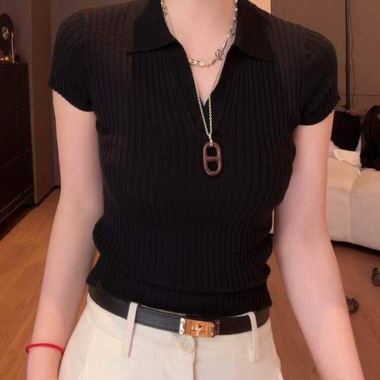 坑条灰色翻领针织短袖t恤女2026春夏新款高级感气质百搭短款上衣