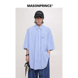 廣東 深圳MASONPRINCE夏季新款經典永恒藍白條紋基礎短袖襯衫男休閑寬松T恤