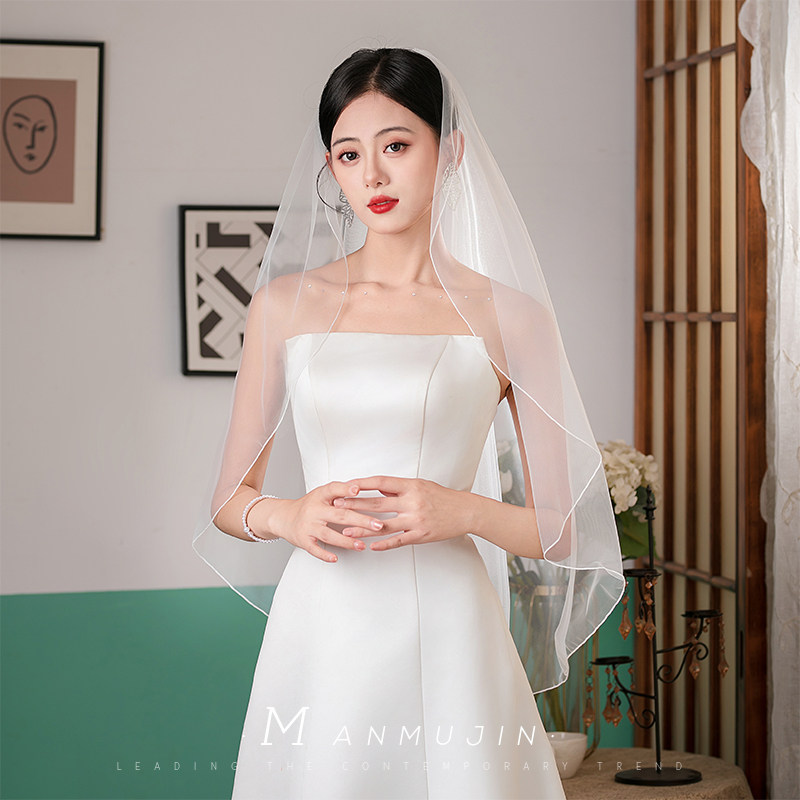 超仙优雅简约单层密拷锁边素头纱