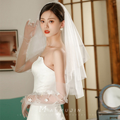 法式 超仙双层珍珠头纱登记领证新娘旅拍照头饰品求婚道具短款 头纱