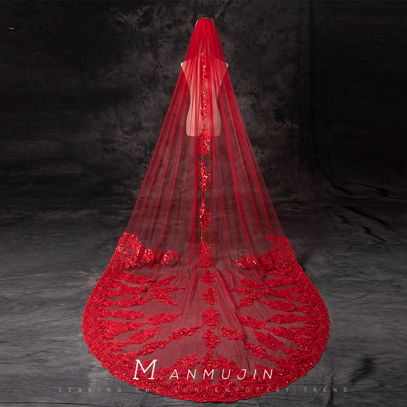 红色长款拖尾头纱新娘结婚头饰影楼摄影拍照婚纱礼服写真造型红纱