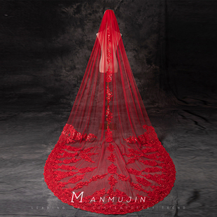 红色长款拖尾头纱新娘结婚头饰影楼摄影拍照婚纱礼服写真造型红纱