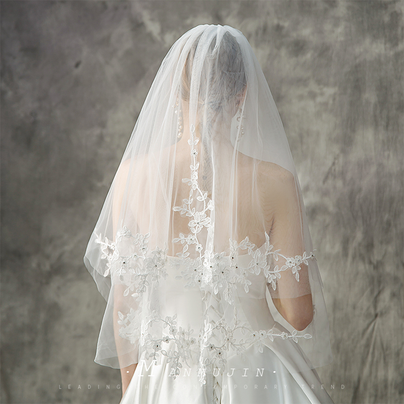 新娘頭紗高級感蕾絲法式短款頭紗