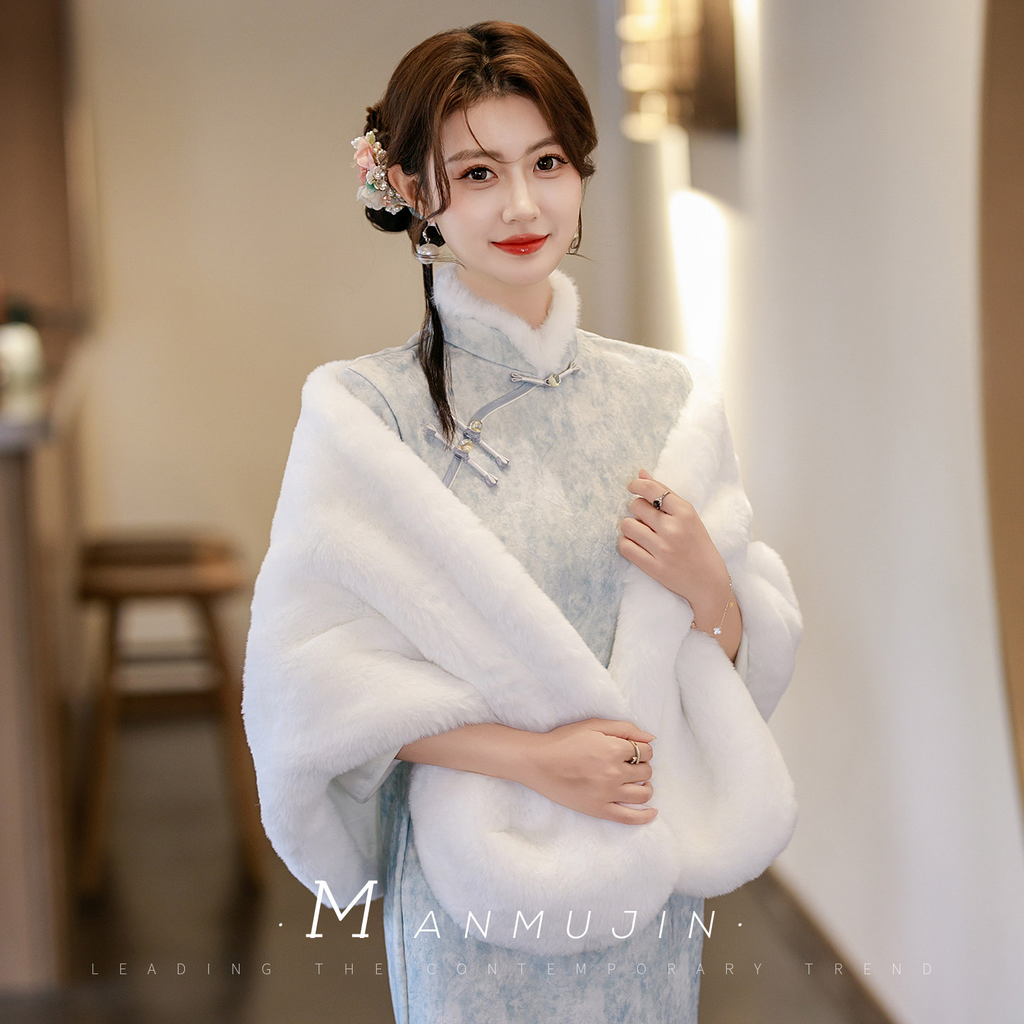 斗篷坎肩毛披风冬季保暖外搭旗袍裙礼仪迎宾晚礼服毛披肩开衫外套