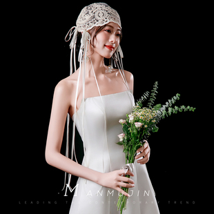 盖茨比复古风手作包头纱新娘造型写真拍照帽纱法式蝴蝶结蕾丝头饰