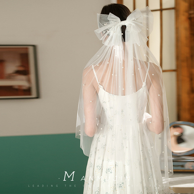 蝴蝶结珍珠头纱拍照造型发尾头饰