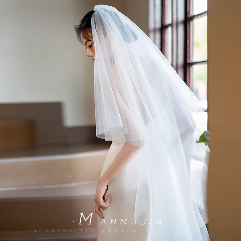 超仙优雅手作水钻双层简约头纱新娘结婚旅拍照头饰造型中长款头纱