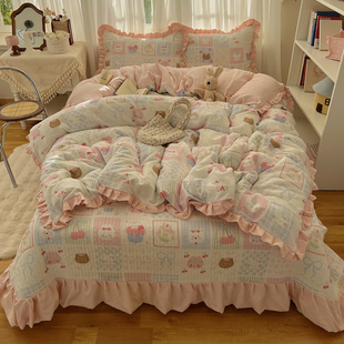 全棉夹棉加厚床盖款四件套纯棉双层纱法式公主风床单被套罩三件套