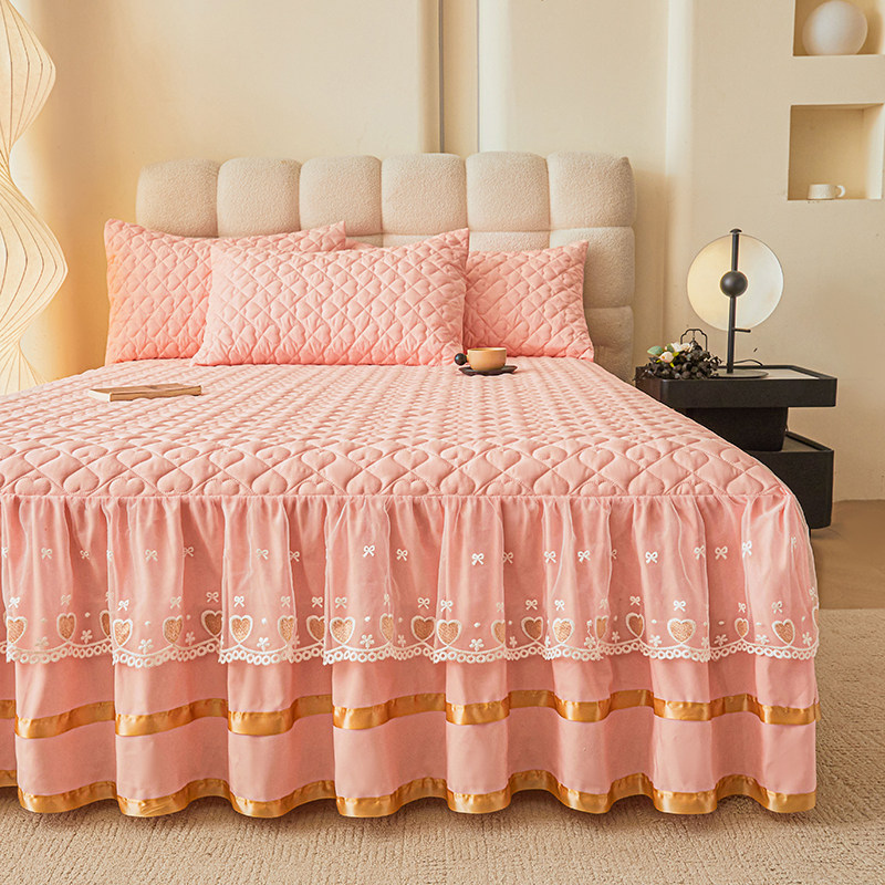 全棉蕾丝刺绣夹棉床裙三件套纯棉单件床单隔脏床罩席梦思保护床套