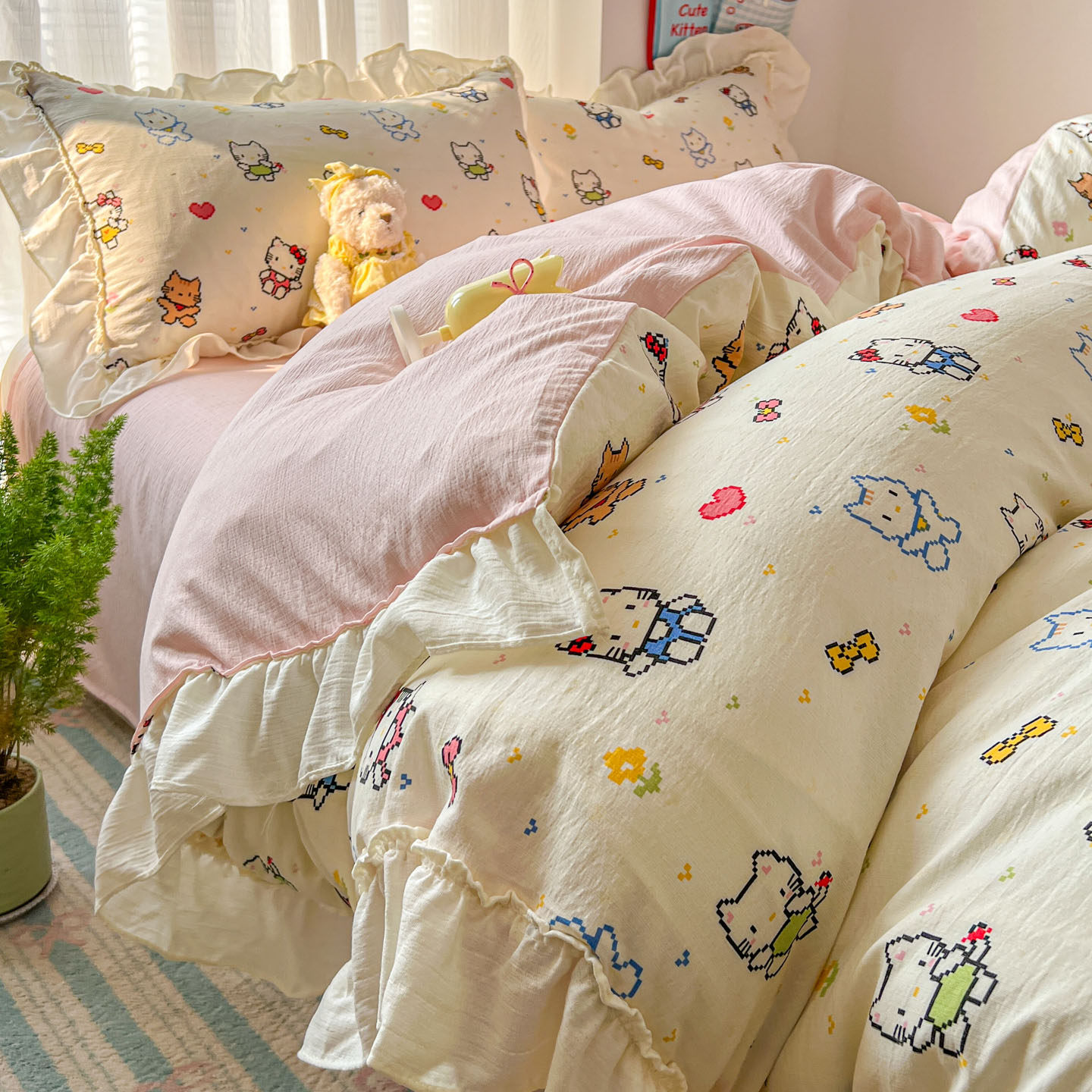 新款全棉双层纱卡通韩版公主风四件套纯棉床单被套床笠学生三件套