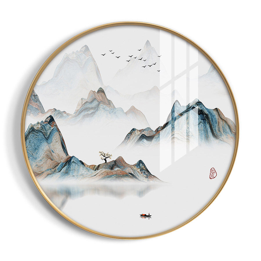 晶瓷画新中式圆形晶瓷装饰画客厅画禅意山水画铝合金圆形中式挂画