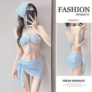 2025新款 泳衣女比基尼高级感条纹小清新纯欲挂脖性感温泉镂空露背