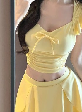 黄色分体泳衣女2025新款感分体裙式显瘦泳装度假泳衣小胸泳衣