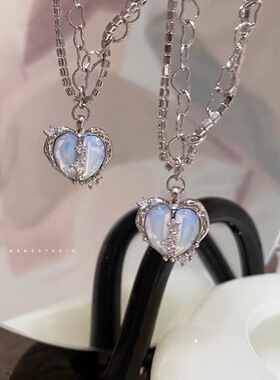 分裂爱心多层闪钻锆石项链奶白蓝爱心耳钉戒指甜酷气质高级锁骨链