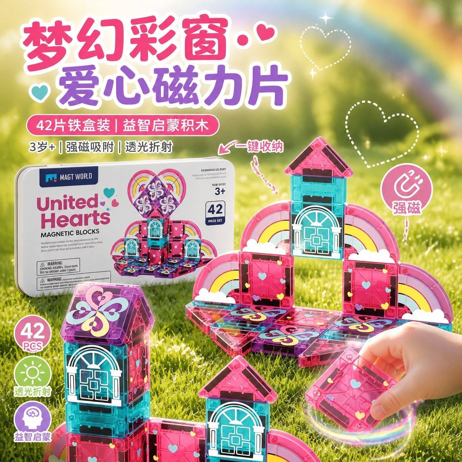 公主梦幻彩窗爱心磁力积木透光