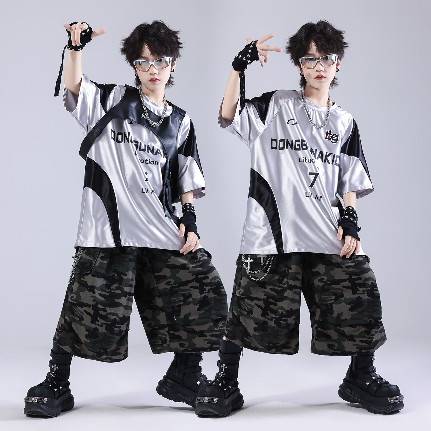 街舞儿童潮服hiphop童装少儿服装男童架子鼓演出服嘻哈风迷彩套装